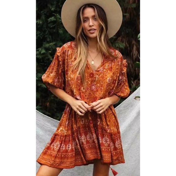 Rust Floral Boho Ruffle 3/4 Sleeve Mini Dress - Picture 5 of 9
